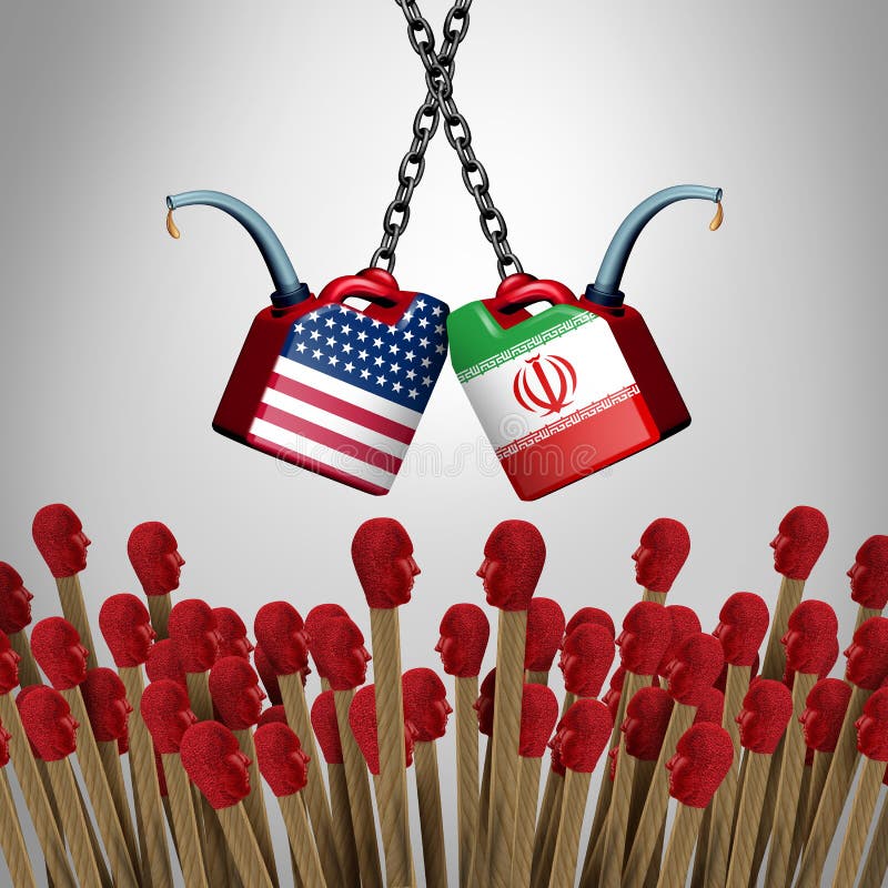Iran United States volitile crisis and American Iranian war risk as US military war tension in the middle east as an imminent threat concept as a security armed confrontation or economic sanctions with 3D illustration elements. Iran United States volitile crisis and American Iranian war risk as US military war tension in the middle east as an imminent threat concept as a security armed confrontation or economic sanctions with 3D illustration elements