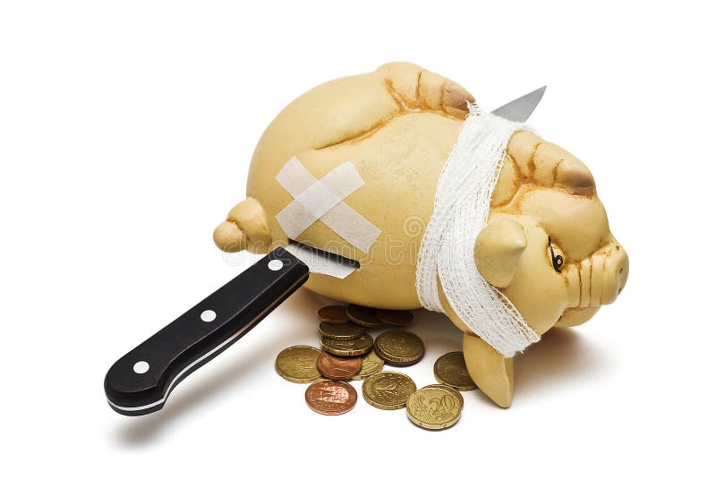 Piggy bank with coins and a knife. Piggy bank with coins and a knife.