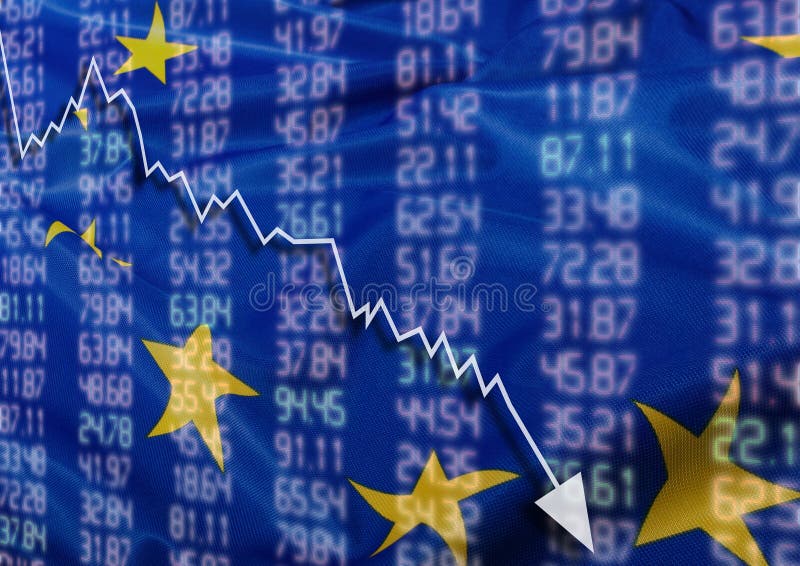 Crisis in Europe - Shares Fall Graph on European Union Flag. Crisis in Europe - Shares Fall Graph on European Union Flag