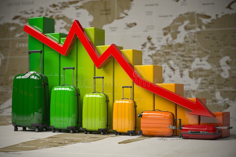 Crisis in travel and tourism industry. Graph and diagram from suitcases on the map of world stock illustration Crisis in travel and tourism industry. Graph and diagram from suitcases on the map of world stock illustration