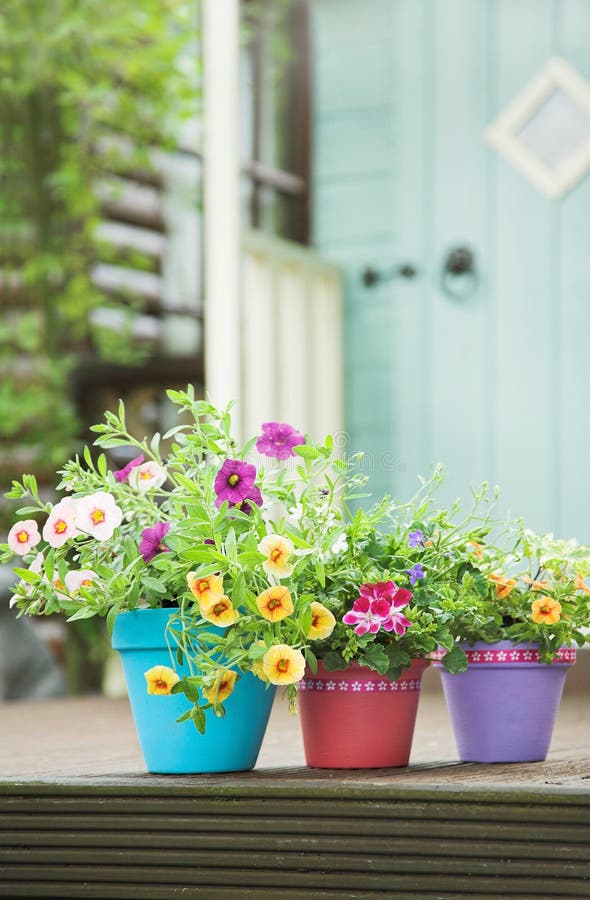 Hand decorated terracotta garden pots with summer flowers. Hand decorated terracotta garden pots with summer flowers.