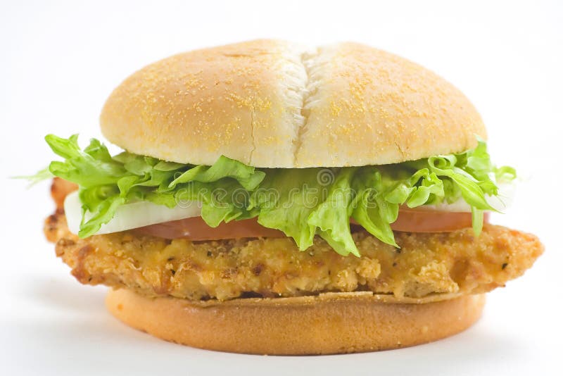 Crisp chicken burger tomato onion cheese lettuce