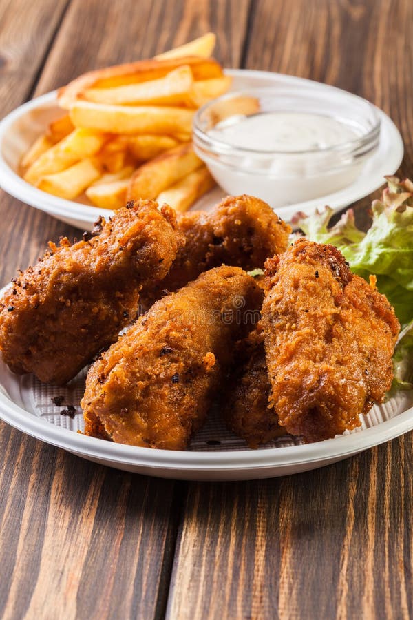 Crisp Crunchy Chicken Wings with Chips Stock Photo Image of oily