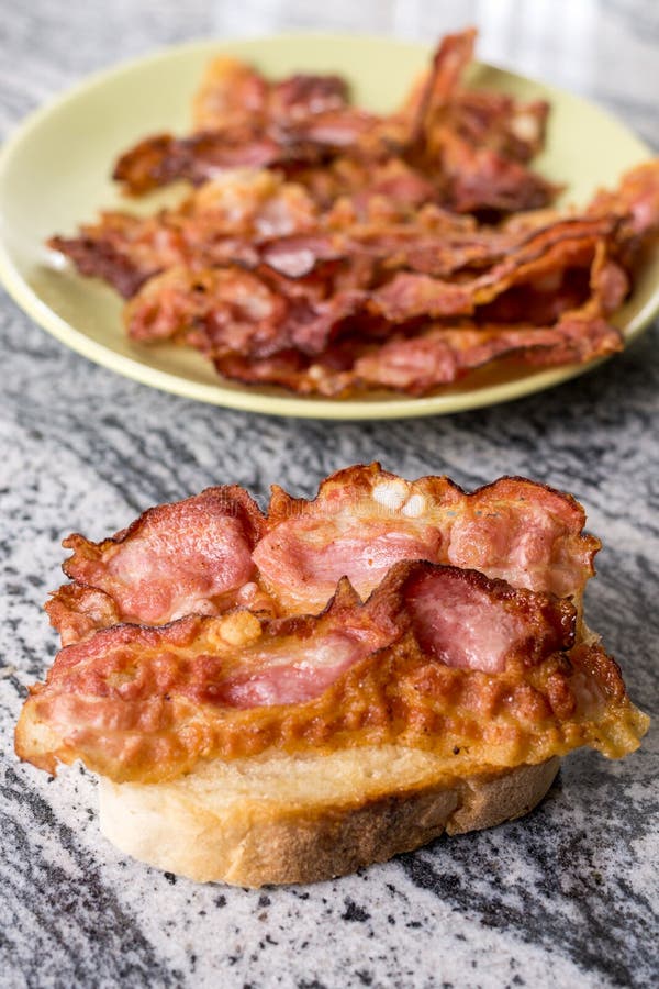 Crisp Fried Bacon on the Bread Above Grey Granite Background Stock Image Image of material