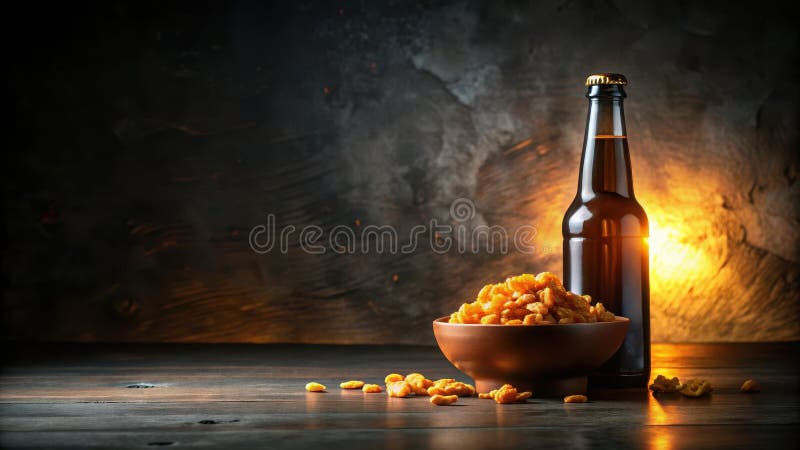 Crisp, golden snacks and a chilled amber beverage in a rustic setting, perfect for an evening of relaxation. Generative AI vector illustration