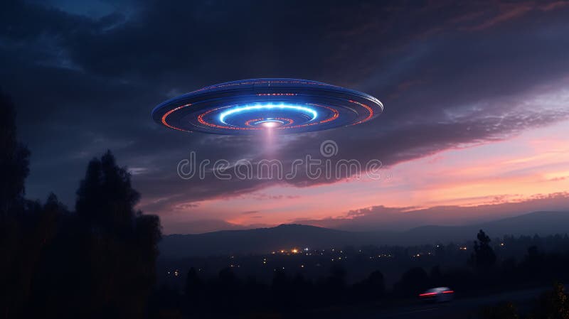 Misteriosul tip de observare pe cerul crepuscular care emite o strălucire irizantă și tiparele de lumină fascinante stock illustration