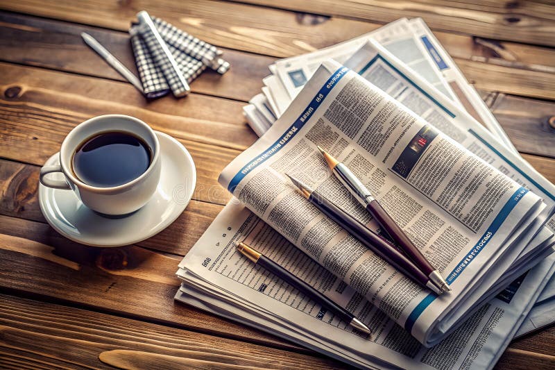 A Busy Mornings News Daily Newspaper Headlines and Articles Scattered Across a Wooden Desk Surrounding Empty Coffee vector illustration