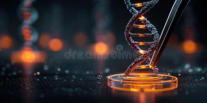CRISPR-teknik för genteknisk redigering av laboratorium och glödande orange ljus skapar futuristisk genetisk genetik royaltyfri illustrationer