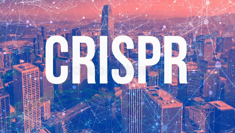Crispr theme with abstract network patterns and skyscrapers stock image