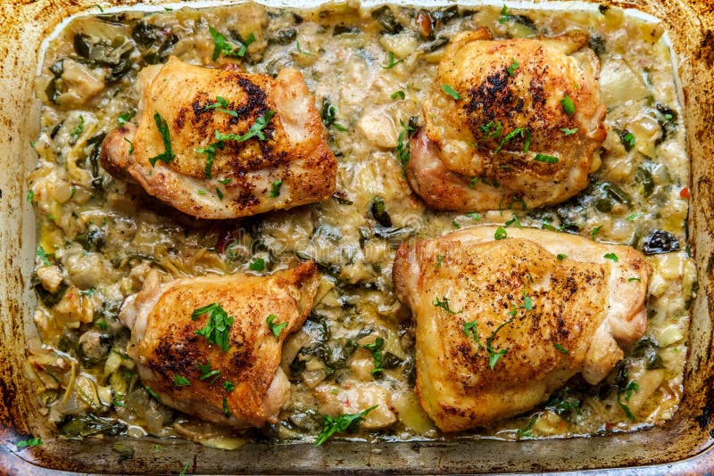 Spinach Artichoke Chicken Thighs Stock Image - Image of pepper, cream