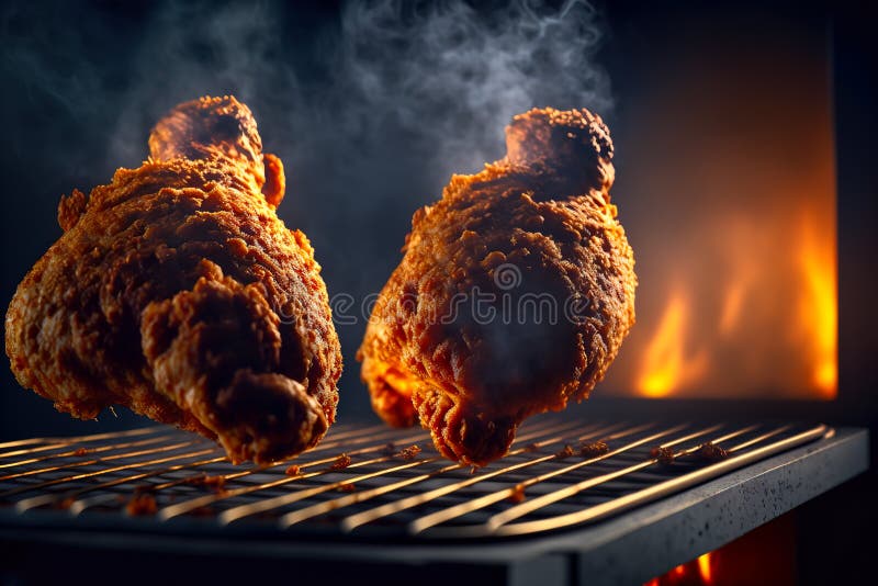 Crispy Breaded Chicken Drumsticks on a Grill with Smoke and Fire Background Stock Illustration