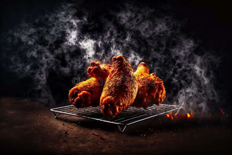 Crispy Breaded Chicken Drumsticks on a Grill with Smoke and Fire Background Stock Illustration