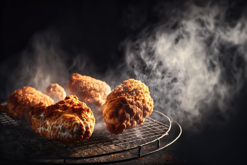 Crispy Breaded Chicken Drumsticks on a Grill with Smoke and Fire Background Stock Illustration