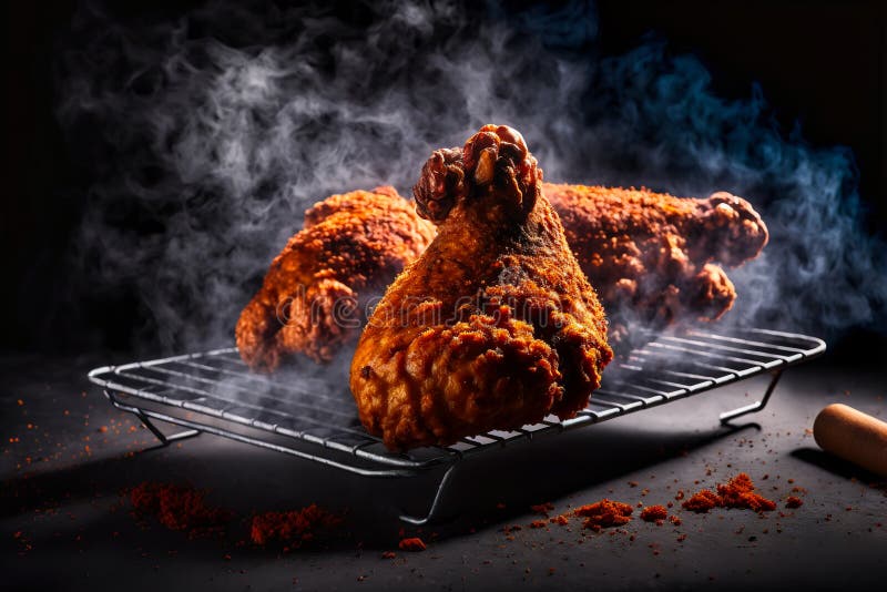 Crispy Breaded Chicken Drumsticks on a Grill with Smoke and Fire Background Stock Illustration
