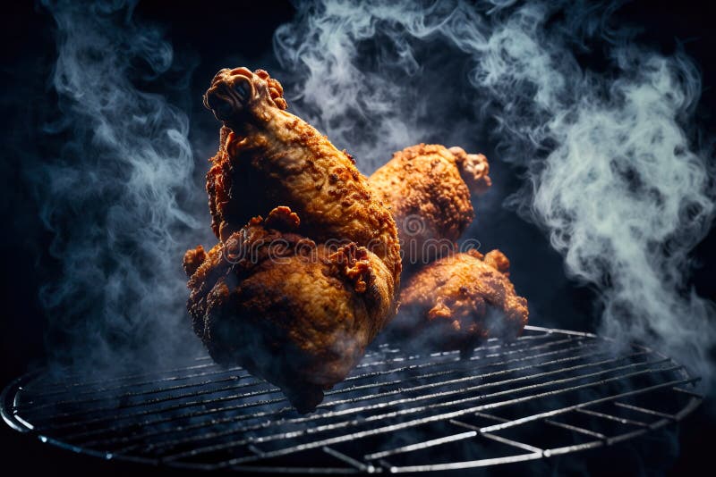 Crispy Breaded Chicken Drumsticks on a Grill with Smoke and Fire Background Stock Illustration