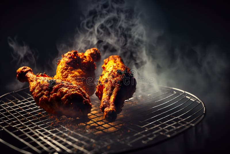 Crispy Breaded Chicken Drumsticks on a Grill with Smoke and Fire Background Stock Illustration