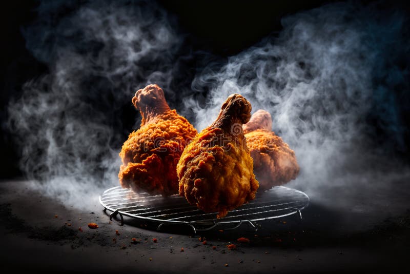 Crispy Breaded Chicken Drumsticks on a Grill with Smoke and Fire Background Stock Illustration