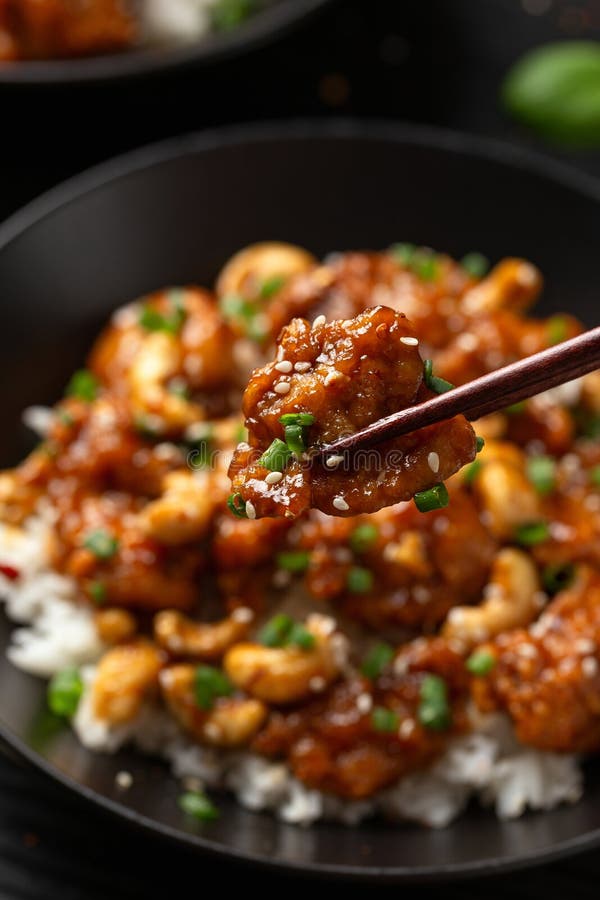 Crispy Cashew Chicken Stir Fry with Rice. Asian Take Away Food Stock ...