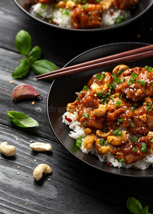 Crispy Cashew Chicken Stir Fry with Rice. Asian Take Away Food Stock ...