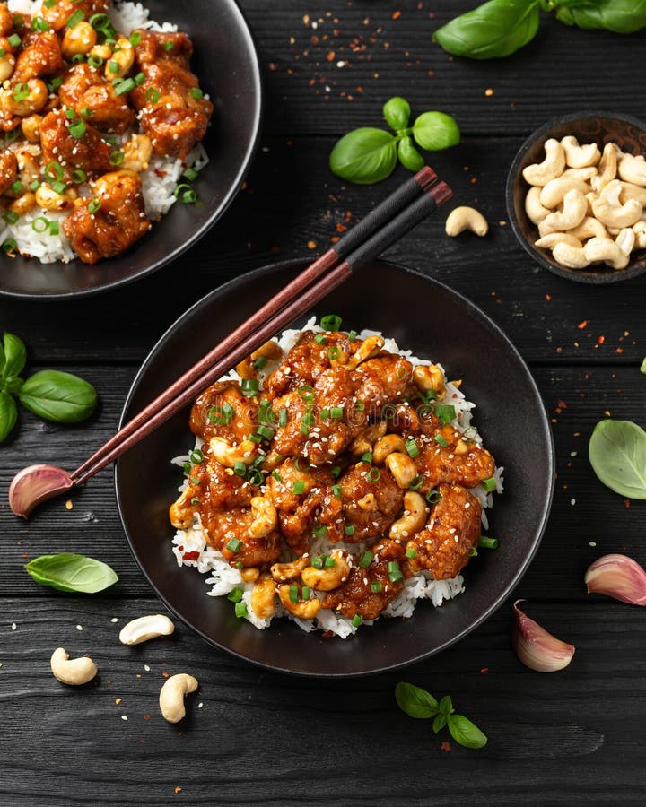 Crispy Cashew Chicken Stir Fry with Rice. Asian Take Away Food Stock ...