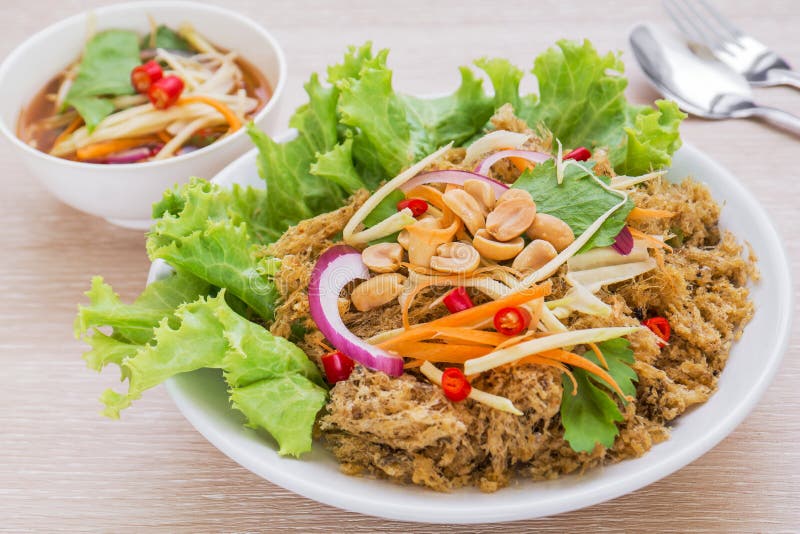 Crispy Catfish Spicy Salad with Green Mango, Thai Food Stock Image
