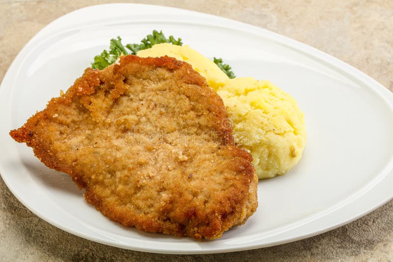 Crispy Chicken Schnitzel with Mashed Potato Stock Image - Image of ...
