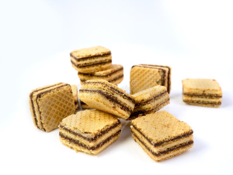 Crispy Chocolate Wafer Flavor, Square Wafer Biscuits on White Stock
