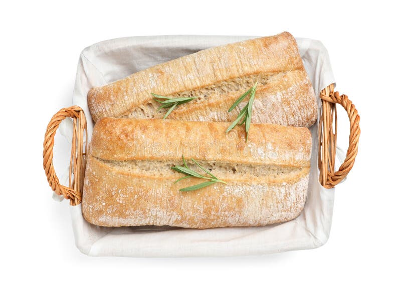 Crispy ciabattas with rosemary in wicker basket isolated on white, top view. Fresh bread