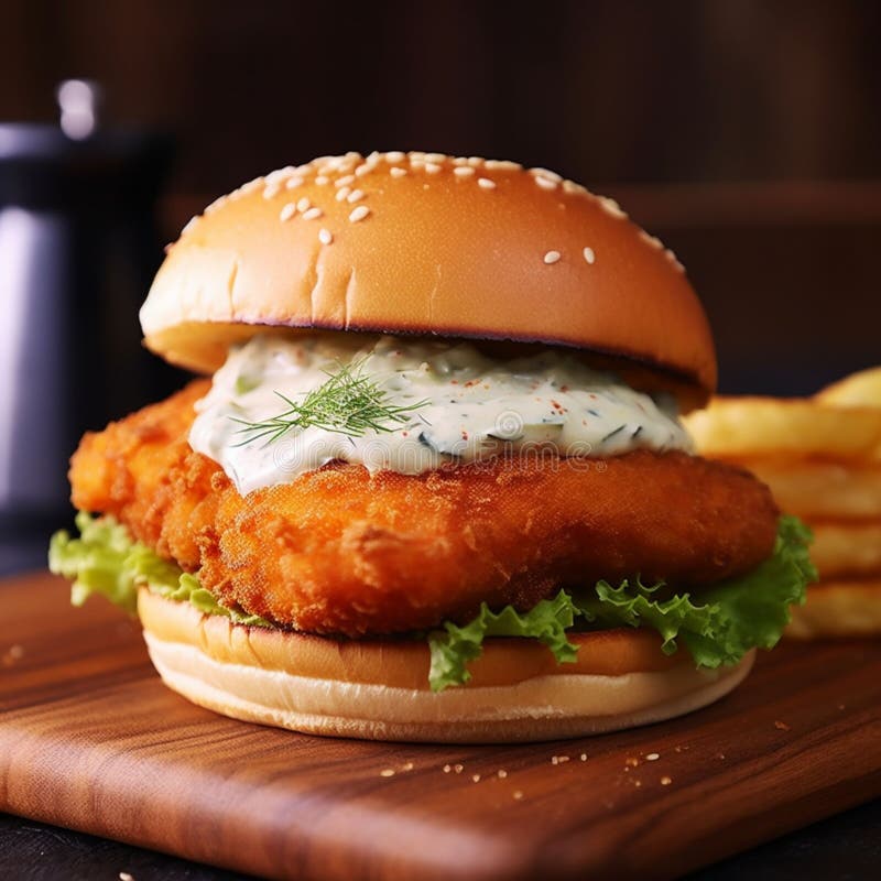 Crispy Fish Burger with Zesty Tartar Sauce Generative Ai Illustration