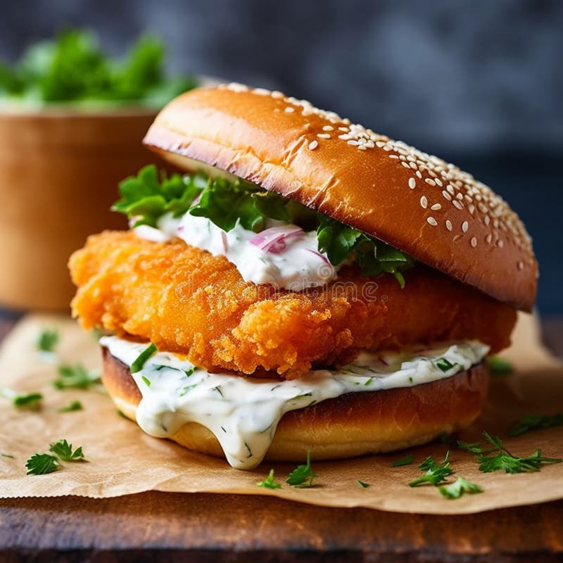 Crispy Fish Burger with Zesty Tartar Sauce Generative Ai Illustration