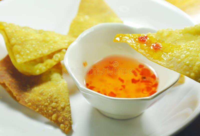 Crispy Fried Dumpling Paste Dipping Sweet Chili Sauce on Plate Stock