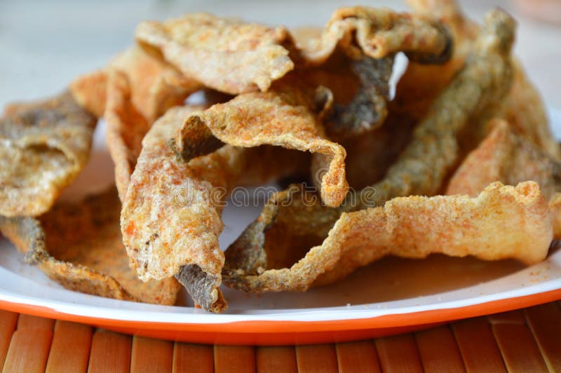 Crispy Fried Fish Skin with Seasoning on Dish Stock Image Image of