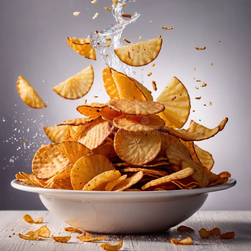 Crispy Fried Potato Chips, Popular Snack, Dynamic Food Photo Stock