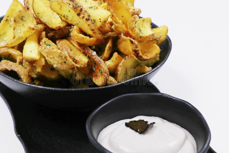 Crispy Fried Potato Chips or Wedges with Truffle Cream Dip Stock Image Image of junk