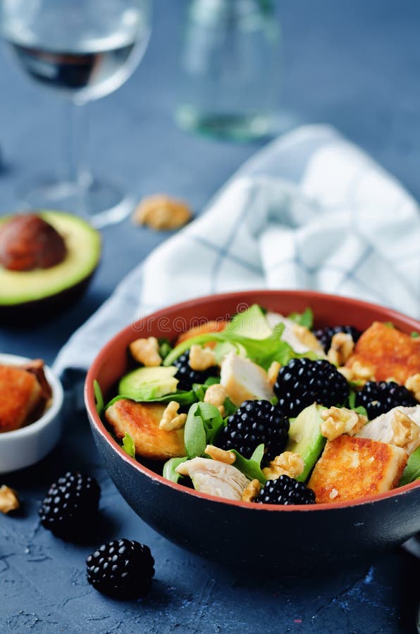 Crispy Goat Cheese Blackberry Arugula Chicken Avocado Salad Stock Image
