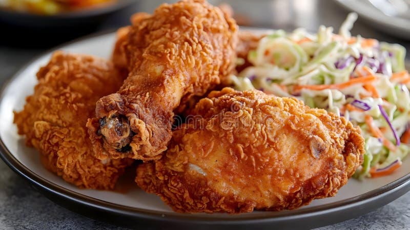 Crispy Golden Fried Chicken med Creamy Coleslaw på en vit platta med klara kulinariska färger som innehåller köttfärs eller lås av royaltyfri illustrationer