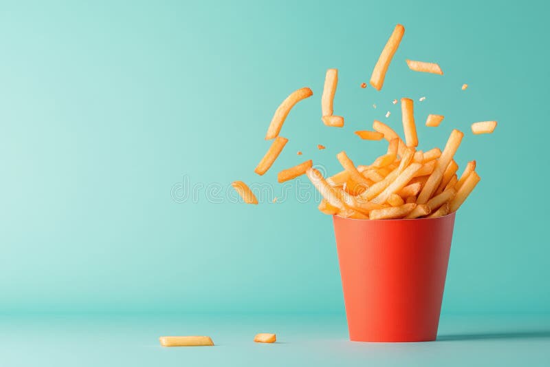 Crispy golden fries scatter from a vibrant red cup against a soft blue backdrop, capturing the essence of delicious fast food royalty free stock photography
