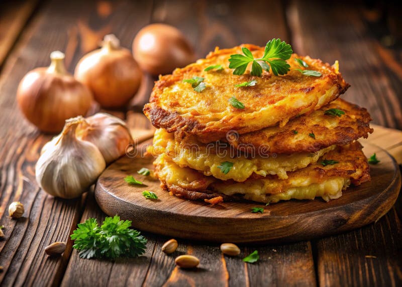 Crispy Golden Garlic Homemade Potato Pancakes for Delicious Hanukkah Feast ilustracji
