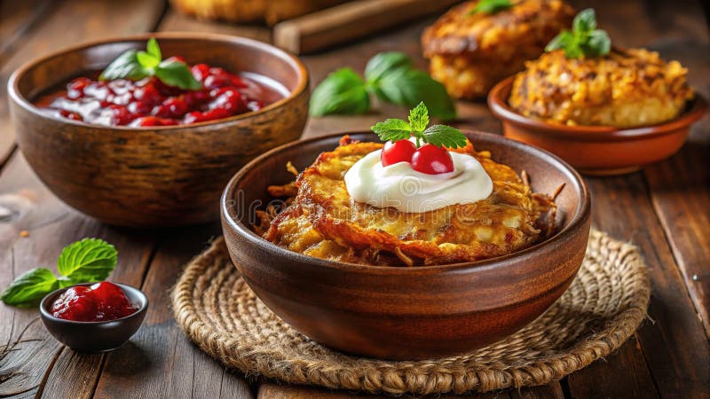Crispy Golden Latkes with Sour Cream and Truskawkowe Jam in the Rustic Ceramic Bowl A Festynkt Hanukkah Delight royalty ilustracja