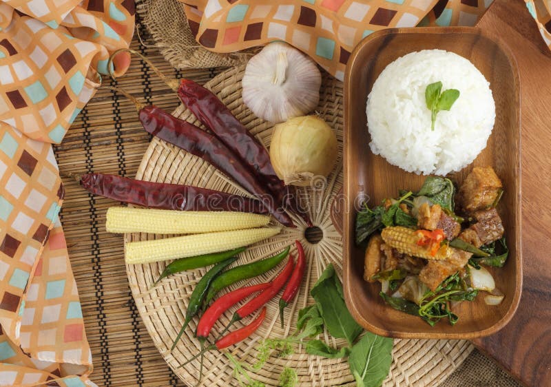Crispy Pork Belly with Thai Basil. Classic Thai Dish Stock Image