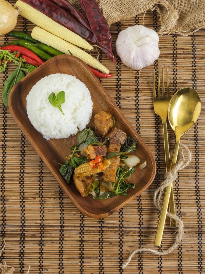 Crispy Pork Belly with Thai Basil. Classic Thai Dish Stock Image