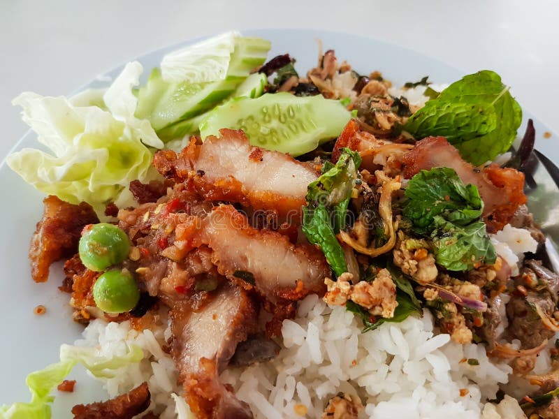 Crispy Pork with Ground Pork Salad on Rice Dish Stock Image Image of
