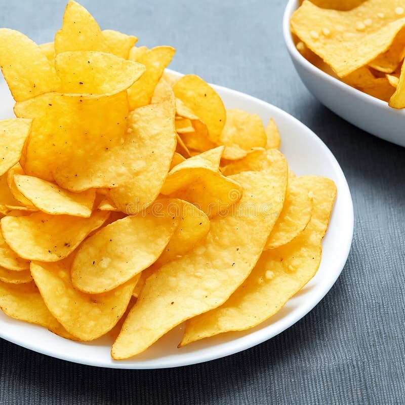 Crispy Potato Chips in a White Plate on an Old Kitchen Table Generative