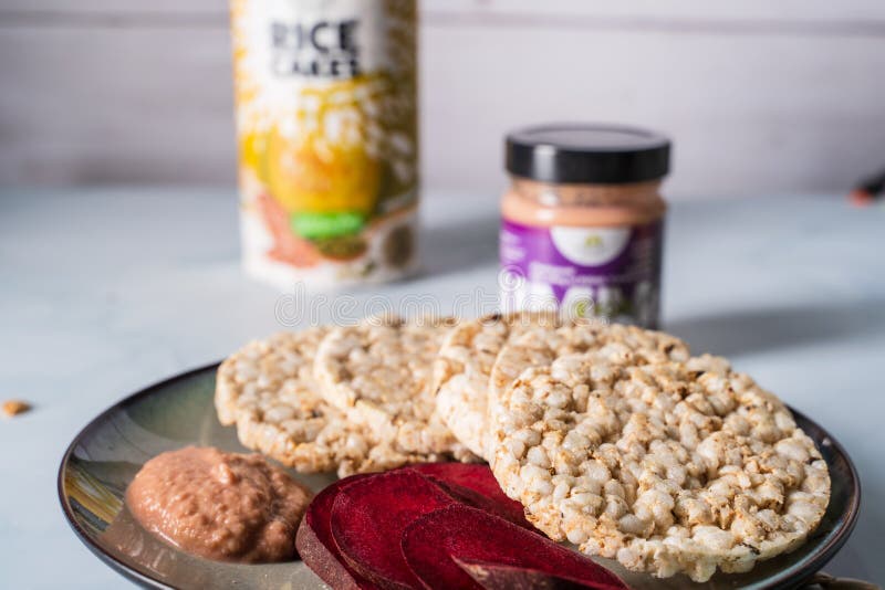 Crispy Puffed Rice Cakes on Plate Close Up on Healthy Breakfast Stock