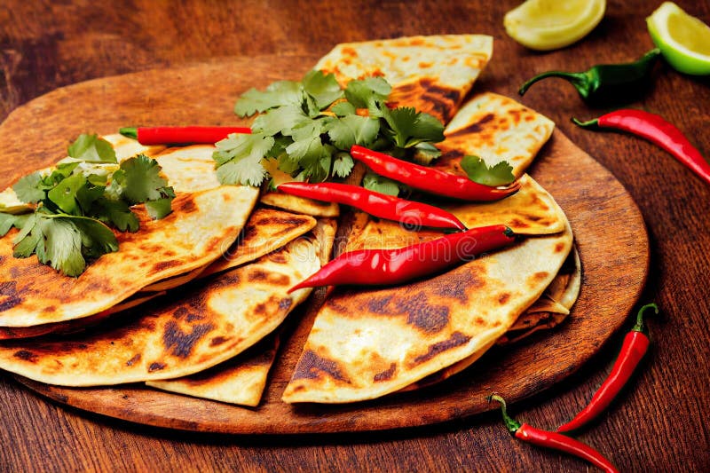 Crispy Quesadillas Tortillas with Cheese and Salsa Sauce and Pepper