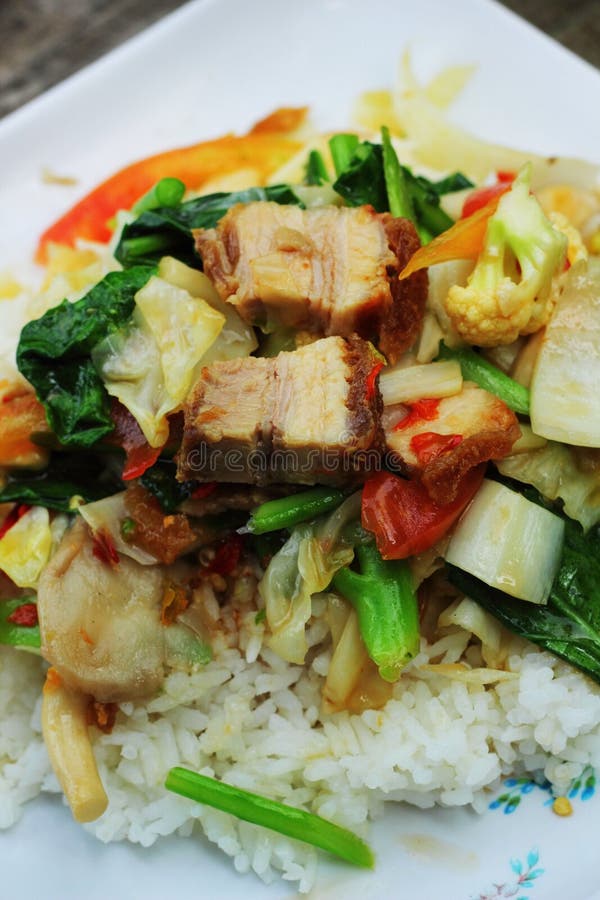 Crispy Roasted Pork Stir Fry with Vegetables and Rice. Stock Image
