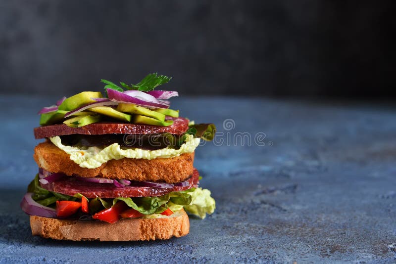 Crispy Sandwich with Salami, Salad and Vegetables on the Kitchen Table