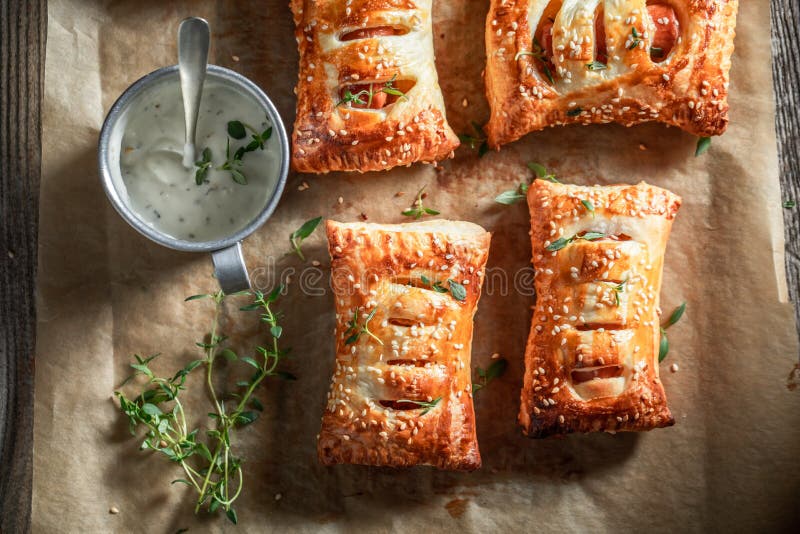 Crispy Sausage in Puff Pastry As a Snack for Breakfast Stock Image