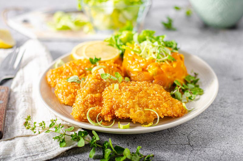 Crispy Schnitzel with Cornflakes Stock Photo - Image of golden, cutlet ...