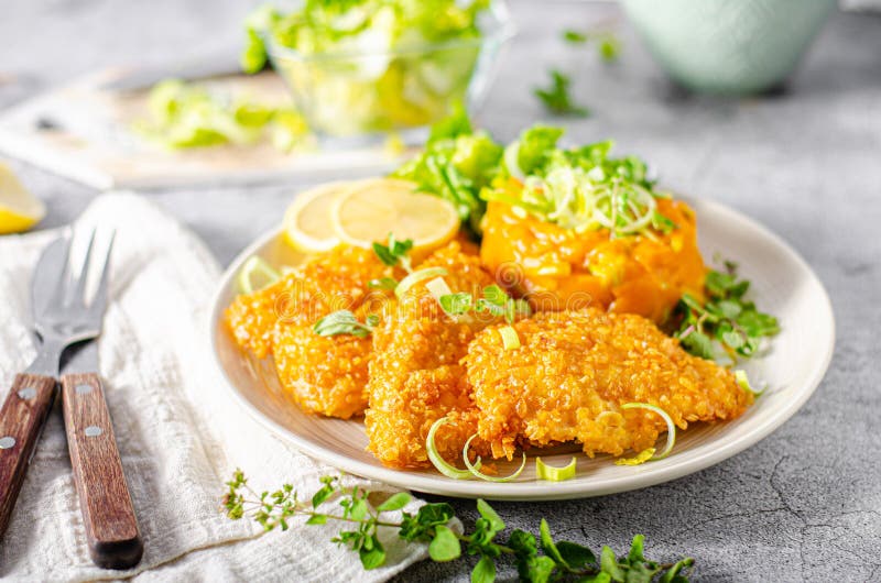 Crispy Schnitzel with Cornflakes Stock Image - Image of gold, healthy ...